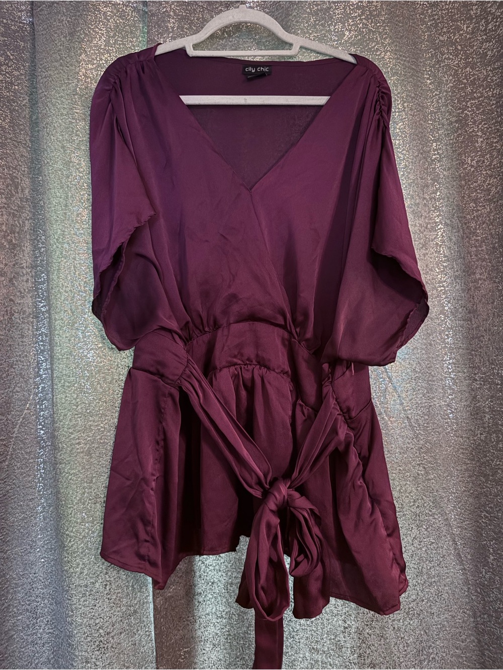 City Chic Deep Plum Wrap Blouse with Tie Waist